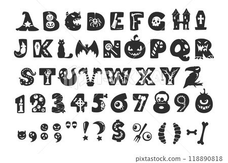 Halloween font mystery type, horror alphabet typeface vector typography set with spooky holiday monsters silhouettes. Spooky alphabet letters and numbers with Halloween pumpkin, bats, ghosts, zombie Halloween font mystery type, horror alphabet typeface vector typography set with spooky holiday monsters silhouettes. Spooky alphabet letters and numbers with Halloween pumpkin, bats, ghosts, zombie 118890818