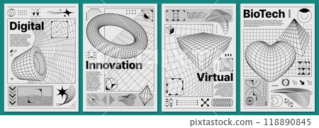 Brutalism y2k posters with retro grid and 3d abstract shapes. Vector futuristic, brutal digital innovation and biotech black and white templates with 3d wireframe pattern and three dimensional figures 118890845