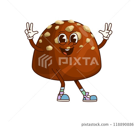 Groovy chocolate candy character with cheerful and sweet expression, adorned with nut toppings, wearing colorful sneakers and flashing peace sign with both hands, exudes a fun, playful, and retro vibe 118890886