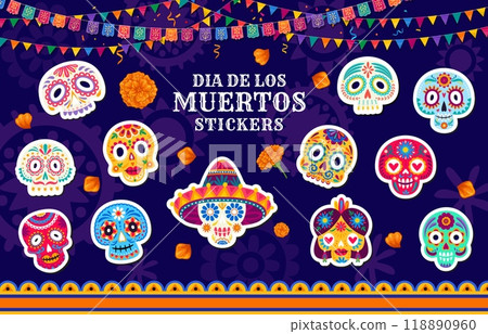 Stickers of Day of the Dead holiday sugar calavera skulls, vector mexican Dia de los Muertos festival decoration. Cartoon Mexico death skulls of Catrina Calavera skeletons with festive makeup, flowers 118890960