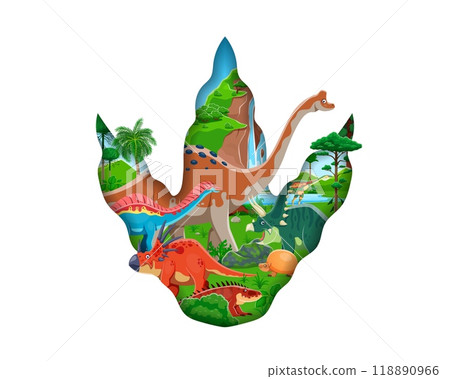 Paper cut dinosaur footprint with funny dino characters. Isolated 3d vector frame in shape of dinosaur paw with talons filled with prehistoric animals at ancient jurassic landscape with jungle plants Paper cut dinosaur footprint with funny dino characters. Isolated 3d vector frame in shape of dinosaur paw with talons filled with prehistoric animals at ancient jurassic landscape with jungle plants 118890966