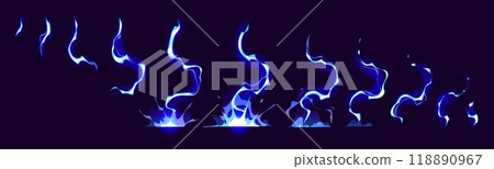 Lightning sprite animation, cartoon thunderbolt sprite sheet. Vector blue storm bolt, electricity hit, game fx effect. Animated sequence frame of electric strike, magic energy and otherworldly power 118890967