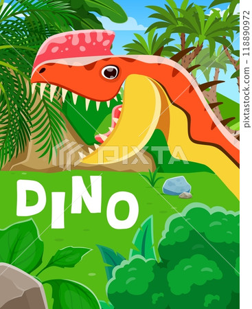 Cartoon prehistoric dinosaur poster. Vector cover featuring Monolophosaurus dino reptile animal in a lush jungle forest environment. Vibrant and playful template for party invitation or Jurassic park 118890972