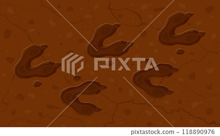 Prehistoric era dinosaur fossil footprints on the ground. Cartoon vector background with ancient dino reptile animal paw prints, trail impression. Jurassic archaeological and paleontology finds 118890976