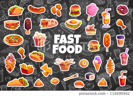 Cartoon takeaway fast food stickers pack featuring vector burger, pizza, ice cream cone, hot dog, and popcorn bucket. Corn dog, french, fries, chicken drumstick and wings, onion ring, sandwich, soda Cartoon takeaway fast food stickers pack featuring vector burger, pizza, ice cream cone, hot dog, and popcorn bucket. Corn dog, french, fries, chicken drumstick and wings, onion ring, sandwich, soda 118890982