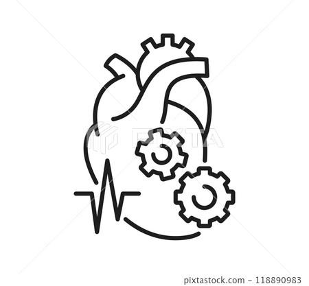 Healthy heart work, cardiology test line icon. Human heart medicine care line icon, cardiology healthcare checkup or test, cardiovascular system disease linear vector symbol or sign with cog wheel Healthy heart work, cardiology test line icon. Human heart medicine care line icon, cardiology healthcare checkup or test, cardiovascular system disease linear vector symbol or sign with cog wheel 118890983