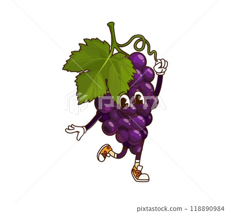 Cartoon groovy grape fruit thanksgiving character. Isolated vector playful bunch of grapes personage with a green leaf, exuding funky joy and retro energy with lively pose and cheerful expression Cartoon groovy grape fruit thanksgiving character. Isolated vector playful bunch of grapes personage with a green leaf, exuding funky joy and retro energy with lively pose and cheerful expression 118890984