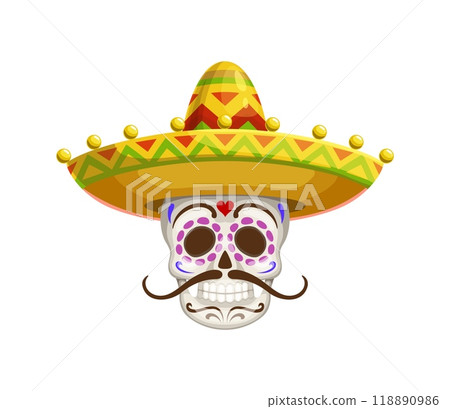 Cartoon day of the dead dia de los Muertos Mexican skull in sombrero. Isolated cartoon vector mariachi sugar skull represents cultural festivities, honoring ancestors, and celebrating life and death Cartoon day of the dead dia de los Muertos Mexican skull in sombrero. Isolated cartoon vector mariachi sugar skull represents cultural festivities, honoring ancestors, and celebrating life and death 118890986
