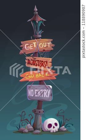 Halloween sign board with wooden arrows and scary skull, vector horror holiday banner. Cartoon vintage light pole with old wood sign boards, cobweb and broken lantern, spooky skeleton skull and fog 118890987