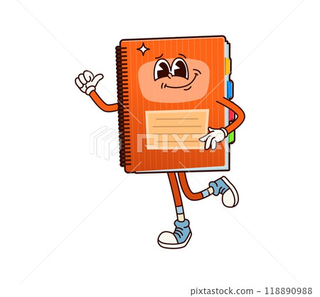 Groovy school notebook character with friendly smile, welcoming pose and thumbs-up gesture. Cartoon vector educational spiral-bound diary, retro stationery personage with colorful tabs and sneakers Groovy school notebook character with friendly smile, welcoming pose and thumbs-up gesture. Cartoon vector educational spiral-bound diary, retro stationery personage with colorful tabs and sneakers 118890988
