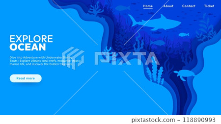 Landing page with paper cut underwater landscape. Vector web banner featuring a variety of marine life like shark, fish and turtle among coral reefs inviting adventure and exploration for diving tours Landing page with paper cut underwater landscape. Vector web banner featuring a variety of marine life like shark, fish and turtle among coral reefs inviting adventure and exploration for diving tours 118890993