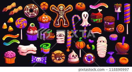Cartoon Halloween holiday sweets and desserts, vector trick or treat food. Halloween candies, pumpkin lollipops and cupcakes, chocolate cakes, eyeball and corn candies. Ghost, skull, mummy sweets 118890997