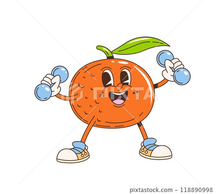 Retro cartoon groovy tangerine fruit character. Isolated vector cheerful orange fruit with a green leaf on top, lifting dumbbells. energetic, happy and healthy personage promotes fitness and vitality 118890998