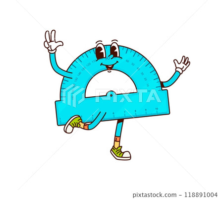 School education protractor groovy character. Isolated cartoon vector retro ruler personage. Nostalgic, educational tool with happy face and peace gesture, measuring item for learning geometry or math 118891004