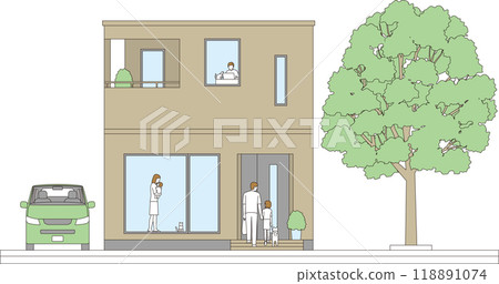 Illustration of a landscape with a house exterior, a parent-child family, and a private car 118891074
