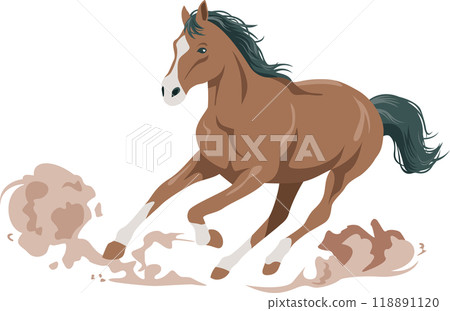Illustration of a horse running swiftly, kicking up dust Illustration of a horse running swiftly, kicking up dust 118891120