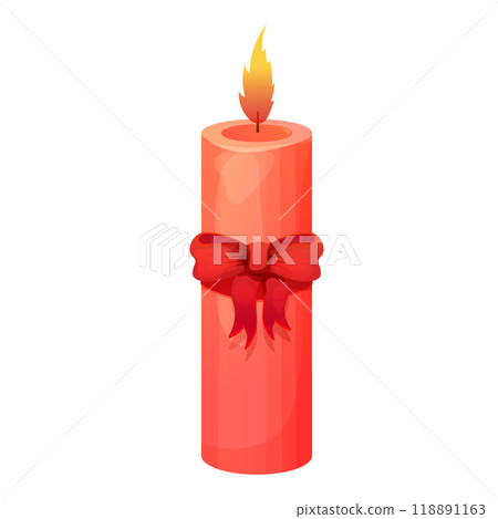 Red candle with flame decorated with baw, bright holiday candlestick. Burning candle. Red candle with flame decorated with baw, bright holiday candlestick. Burning candle. 118891163