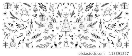 Christmas drawn holly line decor, pine branch, snowflake background. Hand drawn doodle sketch holly floral, christmas tree leaves, winter pine. Holiday ornament sketch doodle. Vector Christmas drawn holly line decor, pine branch, snowflake background. Hand drawn doodle sketch holly floral, christmas tree leaves, winter pine. Holiday ornament sketch doodle. Vector 118891237