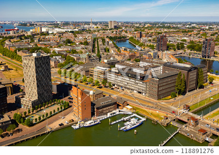 Summer landscape from a drone in the Delfshafen district in the city of Rotterdam Summer landscape from a drone in the Delfshafen district in the city of Rotterdam 118891276