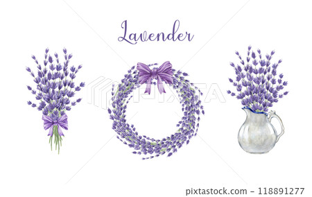 Lavender herb elegant wreath, decor arrangement set. Watercolor painted illustration. Vintage style decoration made from lavender flowers. Lavandula organic herb rustic set on white background Lavender herb elegant wreath, decor arrangement set. Watercolor painted illustration. Vintage style decoration made from lavender flowers. Lavandula organic herb rustic set on white background 118891277