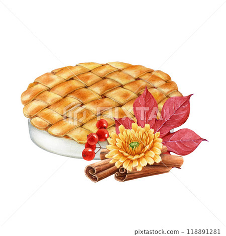 Apple pie baked dessert with flower decor. Watercolor painted illustration. Hand drawn autumn season sweet pastry with cinnamon pile, flower and fallen leaves on white background Apple pie baked dessert with flower decor. Watercolor painted illustration. Hand drawn autumn season sweet pastry with cinnamon pile, flower and fallen leaves on white background 118891281