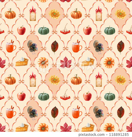 Thanksgiving decor in warm colors seamless pattern. Watercolor vintage style illustration. Traditional Thanksgiving decoration, pumpkins, turkey bird, autumn harvest gifts seamless pattern design 118891285