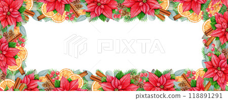 Winter season floral frame decor vintage style illustration. Bright Christmas traditional decoration with pine, eucalyptus, poinsettia flower, orange slices, cinnamon. Winter festive decor isolated Winter season floral frame decor vintage style illustration. Bright Christmas traditional decoration with pine, eucalyptus, poinsettia flower, orange slices, cinnamon. Winter festive decor isolated 118891291