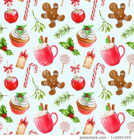 Traditional Christmas treats seamless pattern decor element. Watercolor vintage style illustration. Hand drawn traditional winter dessert cupcake, gingerbread man cookie, candy cane and hot chocolate Traditional Christmas treats seamless pattern decor element. Watercolor vintage style illustration. Hand drawn traditional winter dessert cupcake, gingerbread man cookie, candy cane and hot chocolate 118891293