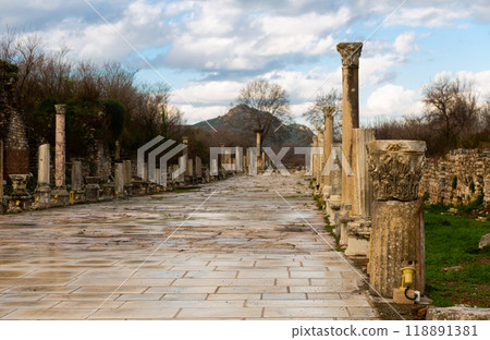 Street scene at the archeological excavations at Ephesus - Arkadiane street, Ticaret Agorasi. Marble street. Turkey 118891381