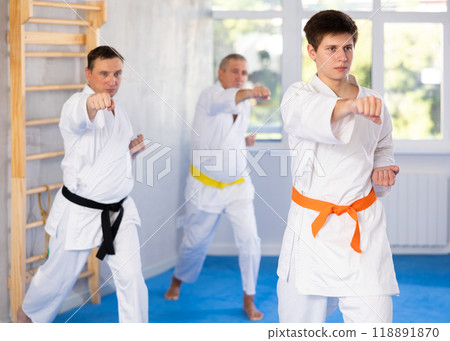 Young guy performing kata routines during group martial arts training Young guy performing kata routines during group martial arts training 118891870