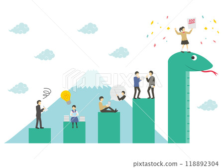 Illustration of a graph with a snake, Mt. Fuji, students and a teacher_2 118892304