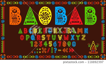 African font, tribal type, ethnic typeface, native english alphabet letters and numbers, vector folk pattern. African or mexican font of bright color alphabet characters in geometric ornament frame 118892397