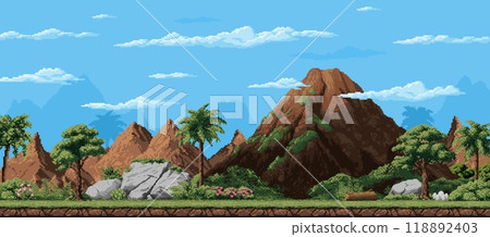 8 bit pixel art arcade game prehistoric landscape of jungle forest with palm trees, vector background. 8bit arcade video game level landscape with prehistoric era volcano mountains and cave rocks 8 bit pixel art arcade game prehistoric landscape of jungle forest with palm trees, vector background. 8bit arcade video game level landscape with prehistoric era volcano mountains and cave rocks 118892403