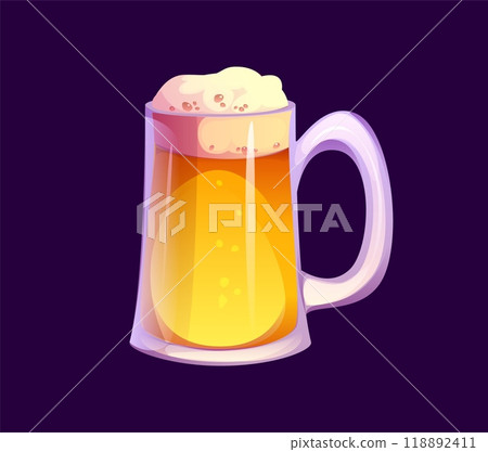 Cartoon beer tankard, frothy mug of golden beer beverage with bubbles rising to the top. Isolated vector transparent cup filled with cold drink, evokes a sense of refreshment, enjoyment and relaxation Cartoon beer tankard, frothy mug of golden beer beverage with bubbles rising to the top. Isolated vector transparent cup filled with cold drink, evokes a sense of refreshment, enjoyment and relaxation 118892411