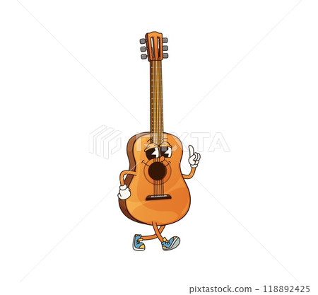 Cartoon acoustic guitar groovy musical instrument character. Isolated vector personage with smiling face showing pointing gesture. Educational playing music classes for kids, musician equipment store 118892425