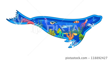 Seal silhouette with underwater landscape. 3d vector paper cut frame in shape of ocean animal body with cartoon serene aquatic vegetation and fauna, seaweeds, bubbles and fish, squid, stingray in sea 118892427