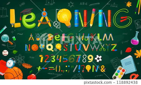 School stationery font, education supply type, student alphabet letters and numbers vector typography set on class blackboard background. Cartoon book, pencil, scissors and paint abc characters font 118892438