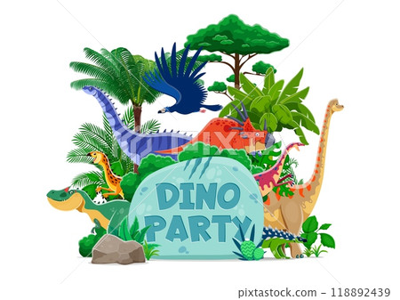 Dino party cover with cartoon prehistoric dinosaurs for kids entertainment event, vector background. Dino party invitation flyer, banner or poster with Jurassic dinosaur characters for kids festival 118892439