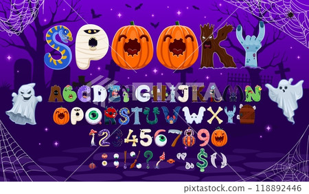 Cartoon Halloween font, scary typeface, holiday type, english fairytale alphabet spooky vector typography. Halloween horror monsters letters and numbers font of ghosts, pumpkins, zombies and vampires 118892446