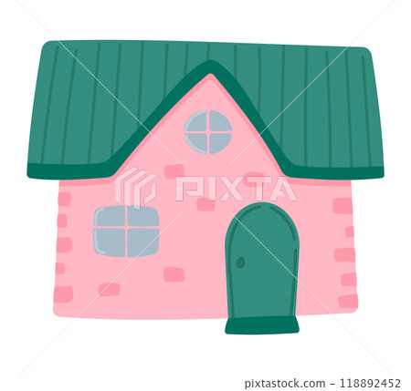 Pink house with green roof. Front view. Children's house is isolated on a white background. Vector illustration in the flat style. 118892452