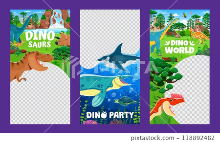 Dino party and park poster templates with cartoon dinosaur characters. Vector kids photo frames, stories or dino party event invitations with prehistoric landscapes and Jurassic reptile creatures 118892482