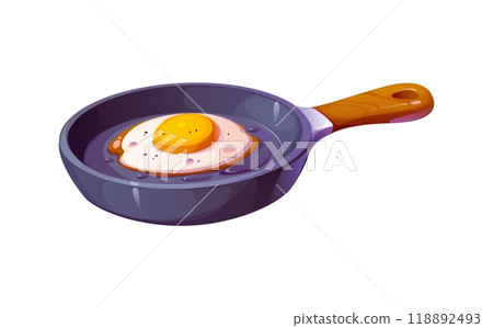 Fried egg in a frying pan. Isolated cartoon vector skillet with a wooden handle containing a sunny side up fried egg emphasizing themes of cooking process, breakfast preparation and culinary skills Fried egg in a frying pan. Isolated cartoon vector skillet with a wooden handle containing a sunny side up fried egg emphasizing themes of cooking process, breakfast preparation and culinary skills 118892493