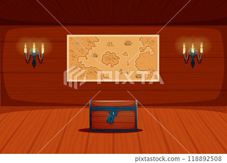 Pirate ship cabin inside interior. Cartoon vector wooden corsair boat cabin featuring treasure chest, vintage map on the wall and two candle sconces, evokes a sense of adventure and hidden treasure 118892508
