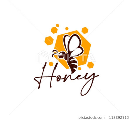Honey bee icon, beekeeping and apiary. Beehive honeycomb vector pattern of yellow wax hexagons with flying bee and gold flower nectar drops. Beekeeping farm sweet food isolated label with honeybee Honey bee icon, beekeeping and apiary. Beehive honeycomb vector pattern of yellow wax hexagons with flying bee and gold flower nectar drops. Beekeeping farm sweet food isolated label with honeybee 118892513