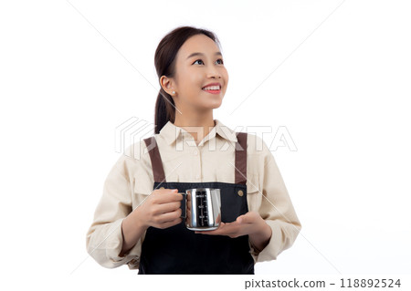 Cheerful young asian woman barista in casual work happy holding milk jug isolated. 118892524