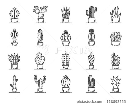 Cactus succulent line icons. Vector set of linear potted desert plants like barrel and prickly pear cactus, sansevieria snake plant, saguaro and aloe vera. Totem pole, ball, mammillaria and echeveria Cactus succulent line icons. Vector set of linear potted desert plants like barrel and prickly pear cactus, sansevieria snake plant, saguaro and aloe vera. Totem pole, ball, mammillaria and echeveria 118892533