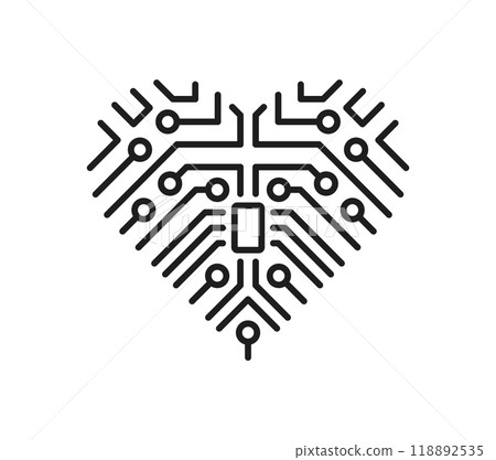 Heart implant, cardiology medicine line icon. Cardiology healthcare innovation linear sign, artificial heart technology or cardiovascular system treatment outline vector icon with motherboard tracks 118892535