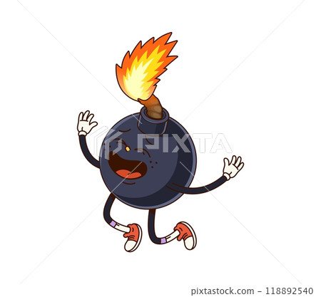 Cartoon retro groovy bomb character with round, black body, lit fuse sparking at the top and cheerful facial expression is about to explode. Isolated vector explosive weapon personage ready for boom Cartoon retro groovy bomb character with round, black body, lit fuse sparking at the top and cheerful facial expression is about to explode. Isolated vector explosive weapon personage ready for boom 118892540
