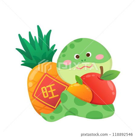 蛇角色或卡通人物與水果,鳳梨與橘與蘋果,中國農曆新年,向量插畫 118892546