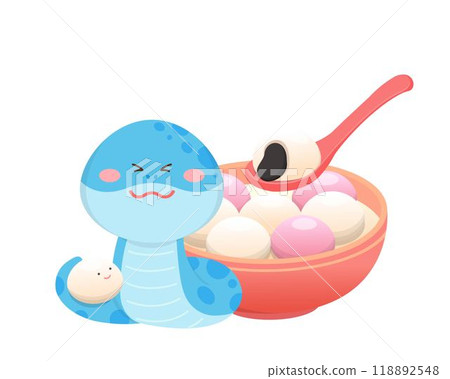 蛇角色或卡通人物與湯圓,中國農曆新年或元宵節 蛇角色或卡通人物與湯圓,中國農曆新年或元宵節 118892548